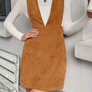 Corduroy Brown Sleeveless V Neck Pinafore Overall Mini Dress